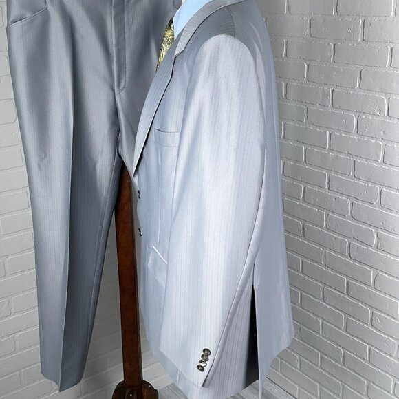 Phoenix Clothes Suit Men 46 42Wx30.5L Gray Embossed Stripe Tailored 70s 80s - Picture 3 of 16
